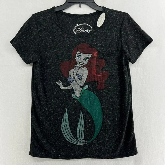 Disney Tops - Disney Little Mermaid Women's T Shirt Sz M Black Round Neck Short Sleeve Pocket